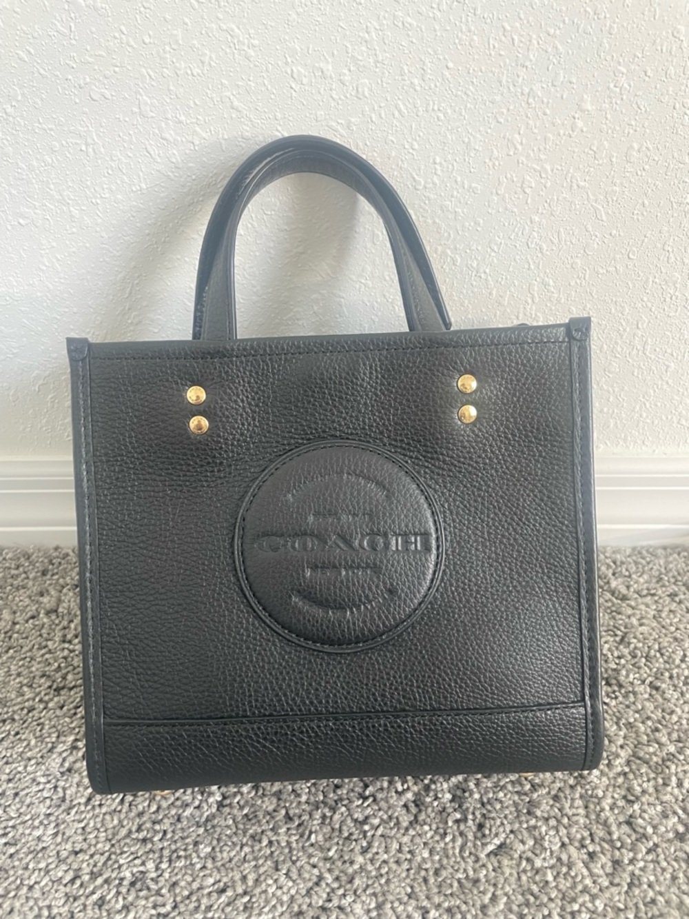 Coach Black Pebbled Leather Structured Mini Tote with Embossed Round Logo